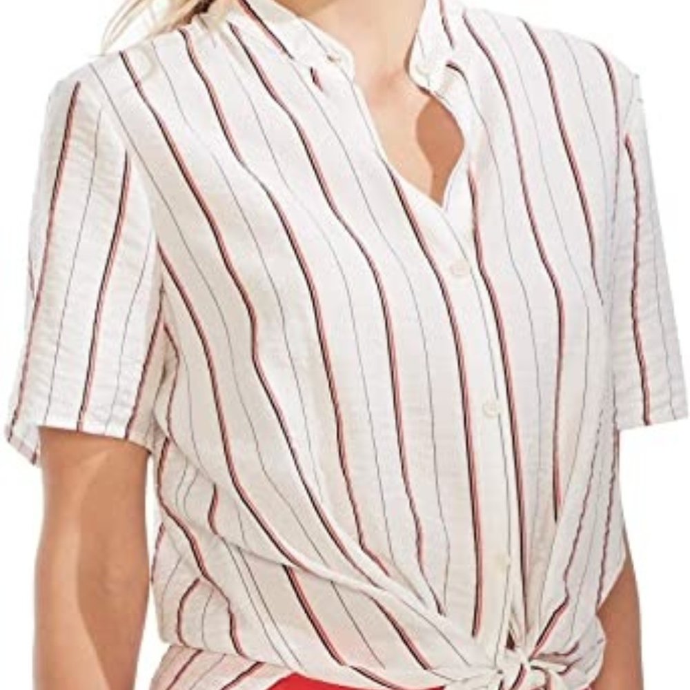 Vince Camuto Button Down Striped Tie Front Short Sleeve Top